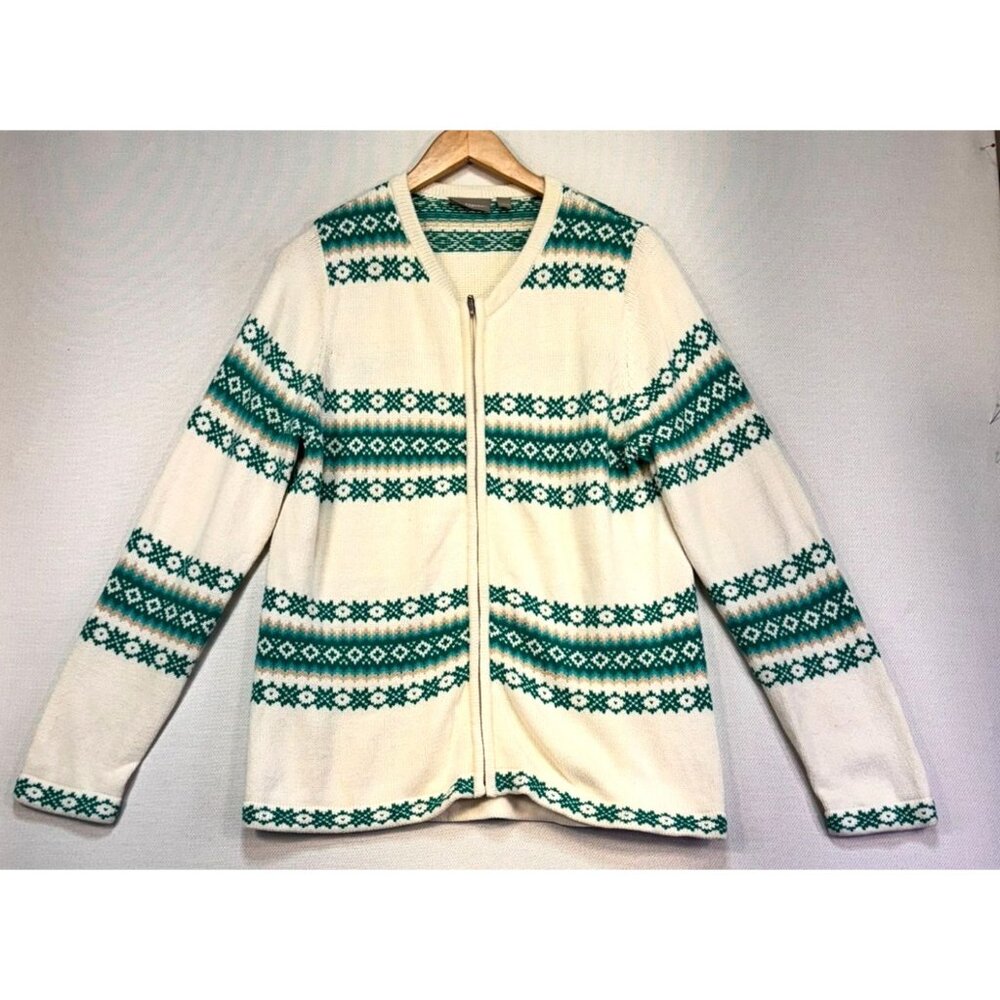 Croft & Barrow Womens Full Zip Cardigan Sweater L Cream/Green Fair Isle